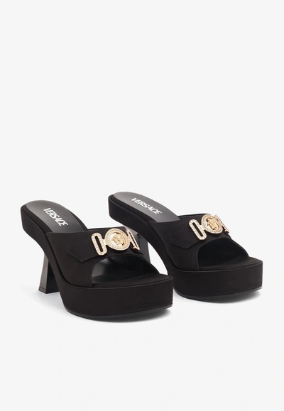 Shop Versace 100 Crystal-embellished Satin Mules In Black