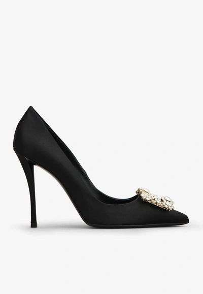 Roger Vivier 65 Crystal Flower Buckle Satin Pumps In Black