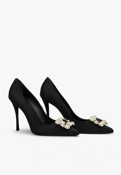 Shop Roger Vivier 100 Flower Strass Buckle Pumps In Satin In Black