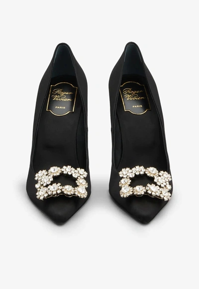 Roger Vivier 65 Crystal Flower Buckle Satin Pumps In Black