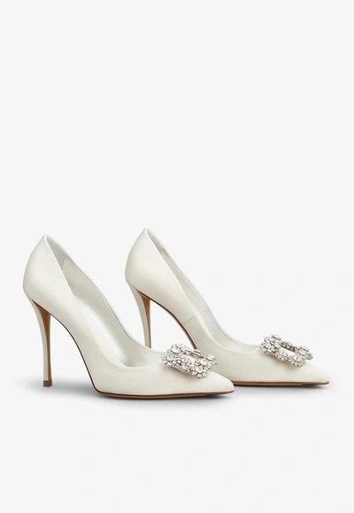 Roger Vivier 100 Flower Strass Buckle Pumps In Satin In Off-white