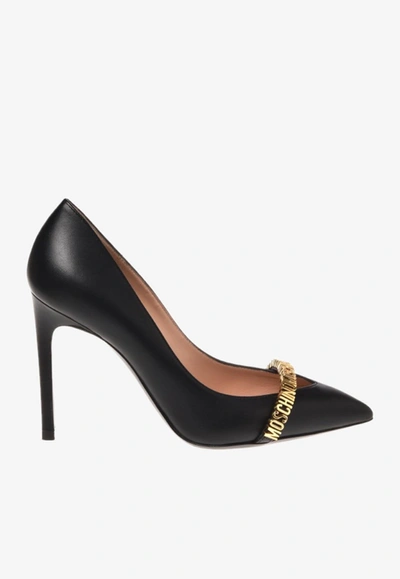 Shop Moschino 100 Logo Pumps In Leather In Black
