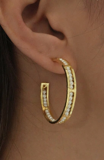 Shop Argento Vivo Sterling Silver Imitation Pearl Molten Hoop Earrings In Gold