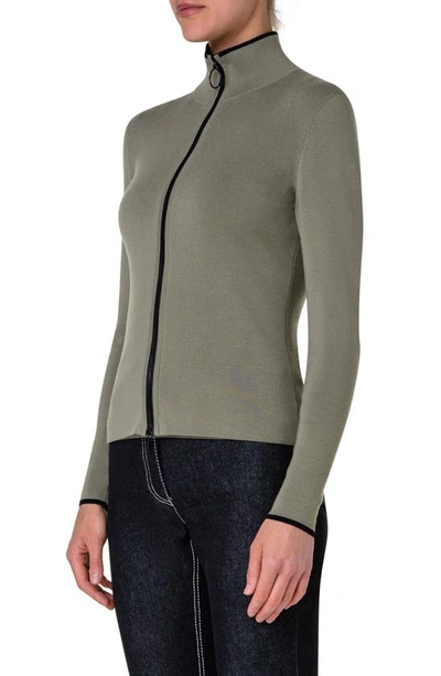 Shop Akris Punto Stretch Virgin Wool Zip-up Cardigan In Sage-black