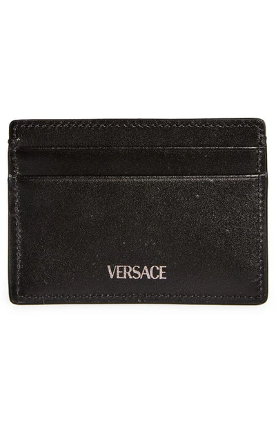 Shop Versace Floral Jacquard & Leather Card Case In Black Black Ruthenium