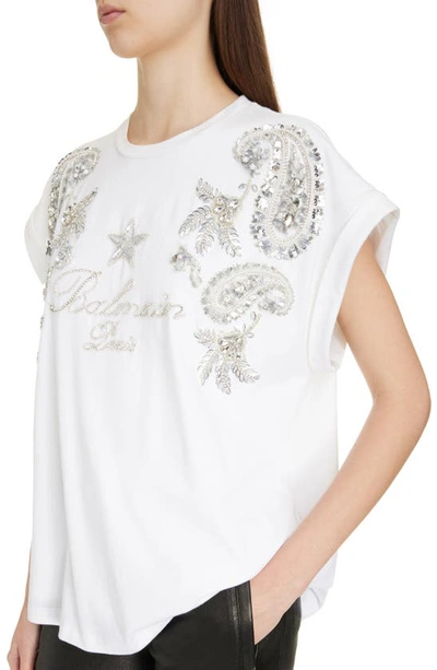 Shop Balmain Signature Bead & Sequin Embellished Paisley T-shirt In White Multi