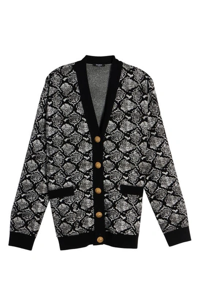 Shop Balmain Python Pattern Merino Wool Blend Cardigan In Black/ White/ Grey