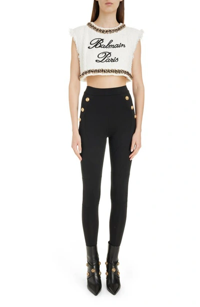 Shop Balmain Button Detail High Waist Stretch Jersey Leggings In Black