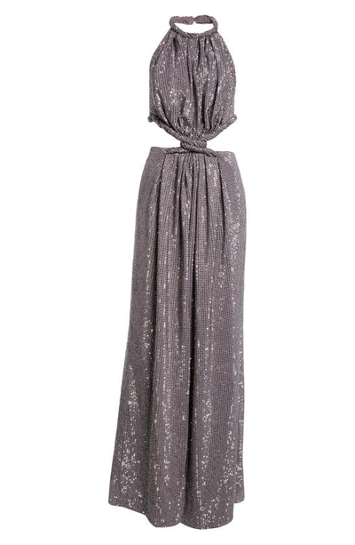 Shop Area Crystal Embellished Cutout Ponte Jersey Halter Gown In Charcoal