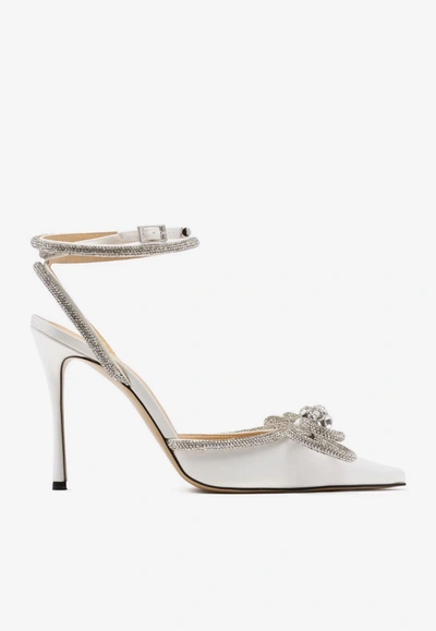 Shop Mach & Mach 105 Double Bow Crystal-embellished Satin Pumps In White