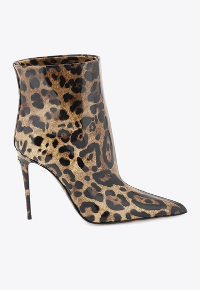 Shop Dolce & Gabbana 105 Leopard Print Ankle Boots In Patent Leather In Brown