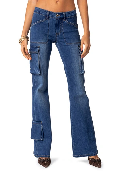 Shop Edikted Roslyn Flare Leg Denim Cargo Pants In Blue-washed