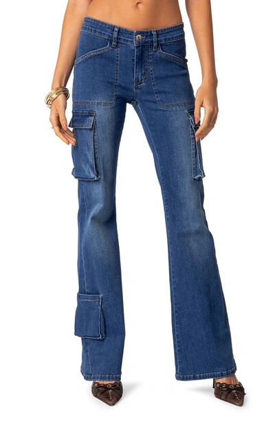 Edikted Roslyn Denim Flared Cargo Pants In Blue Washed In Blue-washed