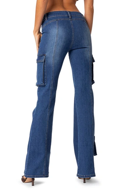 Shop Edikted Roslyn Flare Leg Denim Cargo Pants In Blue-washed