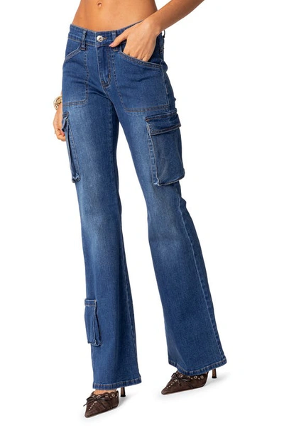 Edikted Roslyn Denim Flared Cargo Pants In Blue Washed In Blue-washed
