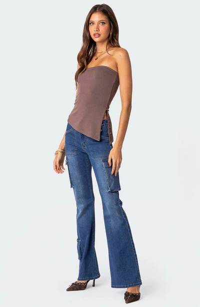 Shop Edikted Roslyn Flare Leg Denim Cargo Pants In Blue-washed