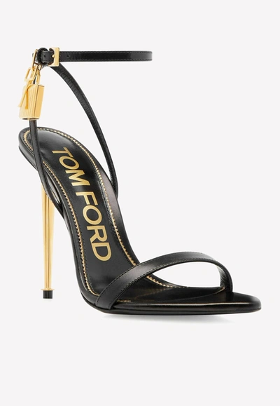 Tom Ford Black Shiny Padlock Pointy Naked Heeled Sandals In Black