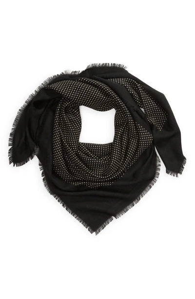 Shop Saint Laurent Dots Logo Border Wool & Silk Square Scarf In Black/ Ivory