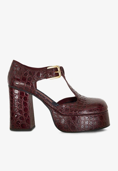 Shop Etro 110 Marry Jane Pumps In Croc-embossed Leather In Burgundy