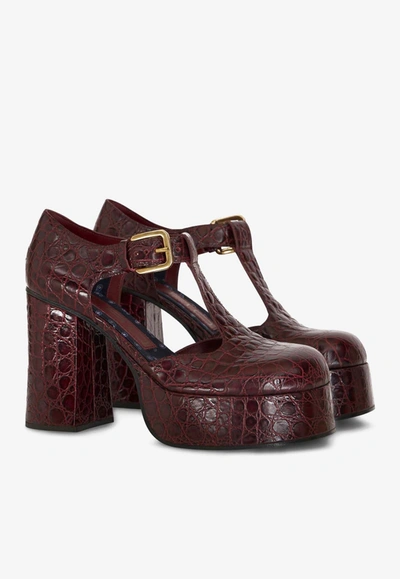 Shop Etro 110 Marry Jane Pumps In Croc-embossed Leather In Burgundy