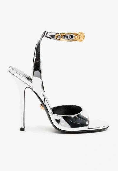 Versace Safety Pin Patent Leather Heeled Sandals In Silver