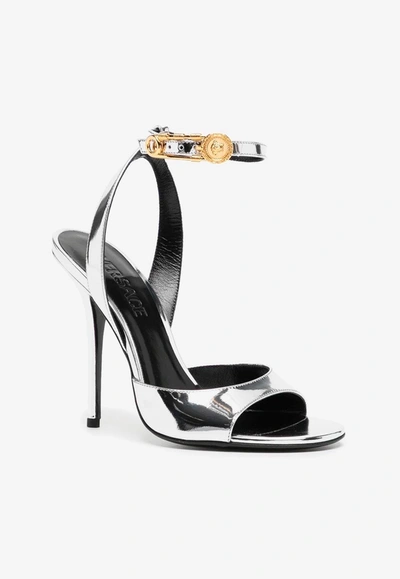Versace Safety Pin Patent Leather Heeled Sandals In Silver