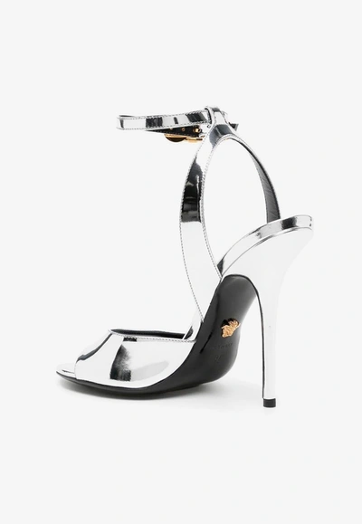 Versace Safety Pin Patent Leather Heeled Sandals In Silver