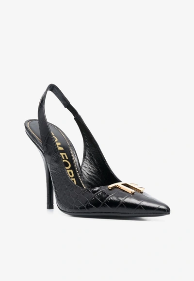 Tom Ford Black Croc Slingback Heels In Black