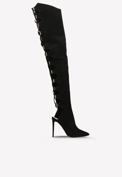 Alexandre Vauthier Lace-up Suede Leather Knee-high Boots -115mm In Black