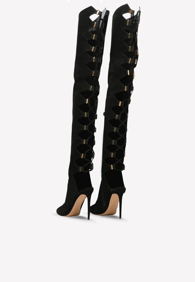 Alexandre Vauthier Lace-up Suede Leather Knee-high Boots -115mm In Black