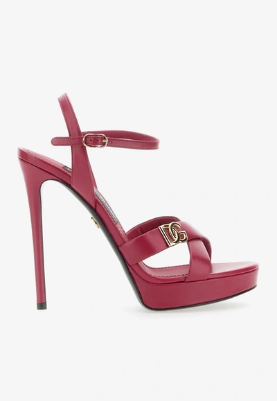 Shop Dolce & Gabbana 130 Logo-plaque Leather Sandals In Fuchsia