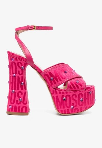 Shop Moschino 150 All-over Jacquard Logo Platform Sandals In Pink