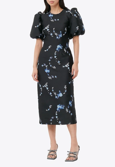 Shop Ganni 3d Jacquard Floral Midi Dress In Black