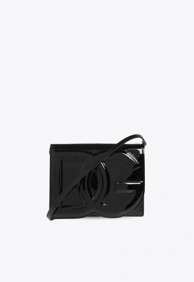 Shop Dolce & Gabbana 3d-effect Logo Patent-leather Crossbody Bag In Black