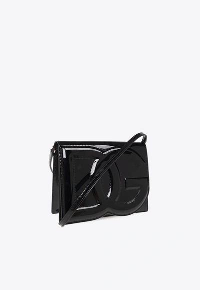 Shop Dolce & Gabbana 3d-effect Logo Patent-leather Crossbody Bag In Black