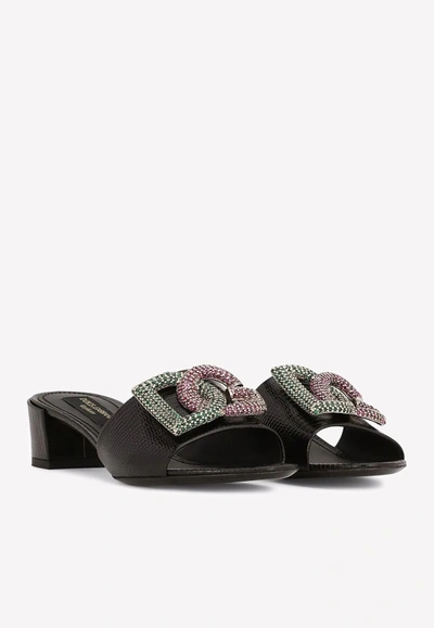 Dolce & Gabbana 40 Crystal Dg Mules In Calf Leather In Black