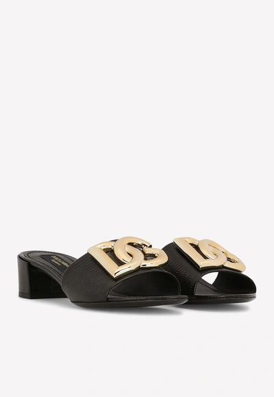 Dolce & Gabbana Iguana-print Calfskin Mules With Dg Logo In Black