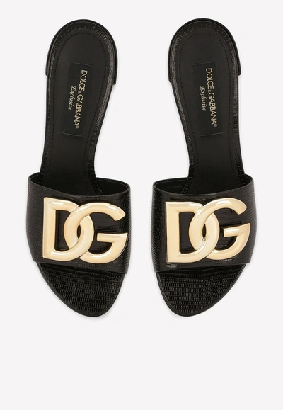 Dolce & Gabbana Iguana-print Calfskin Mules With Dg Logo In Black