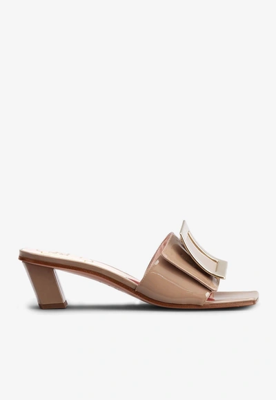 Roger Vivier 45 Love Metal Buckle Mules In Patent Leather In Gray