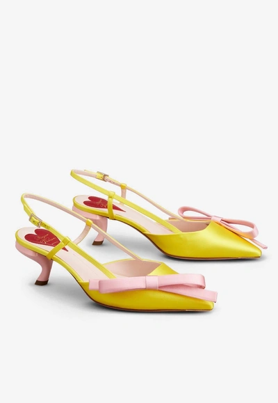 Roger Vivier Virgule Flower Bow Embellished Tulle And Suede Slingback Pumps In Yellow
