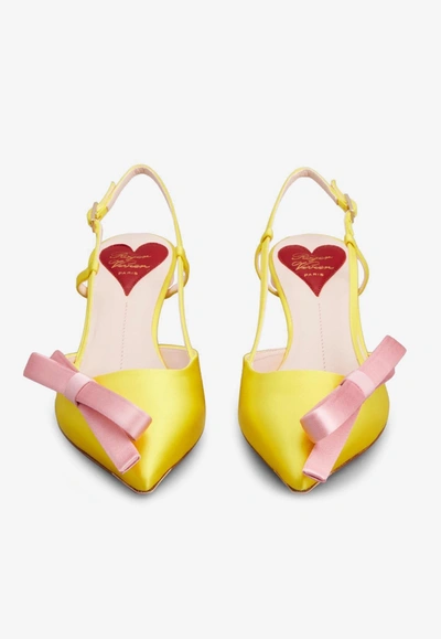 Roger Vivier Virgule Flower Bow Embellished Tulle And Suede Slingback Pumps In Yellow