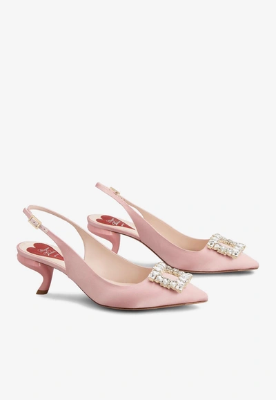 Shop Roger Vivier 55 Virgule Crystal Buckle Slingback Pumps In Satin In Pink