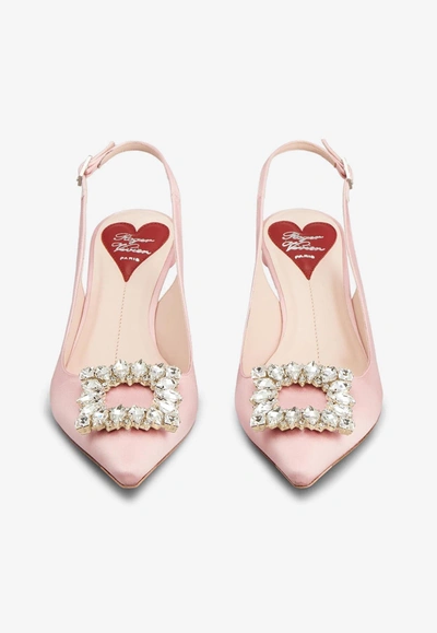 Shop Roger Vivier 55 Virgule Crystal Buckle Slingback Pumps In Satin In Pink