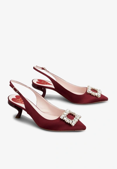 Roger Vivier 55 Virgule Crystal Buckle Slingback Pumps In Satin In Red