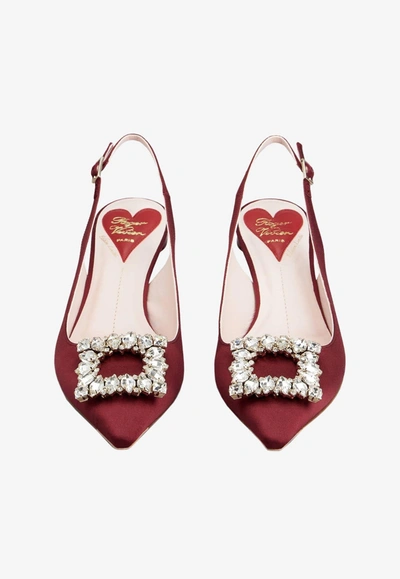Roger Vivier 55 Virgule Crystal Buckle Slingback Pumps In Satin In Red