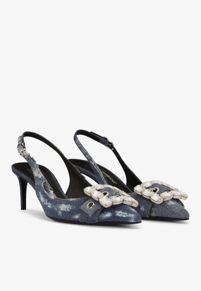 Dolce & Gabbana 60 Denim Patchwork Crystal Slingback Pumps In Blue