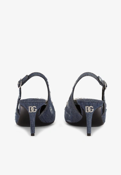 Dolce & Gabbana 60 Denim Patchwork Crystal Slingback Pumps In Blue