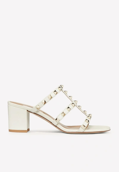 Shop Valentino 60 Rockstud Leather Mules In Chalk