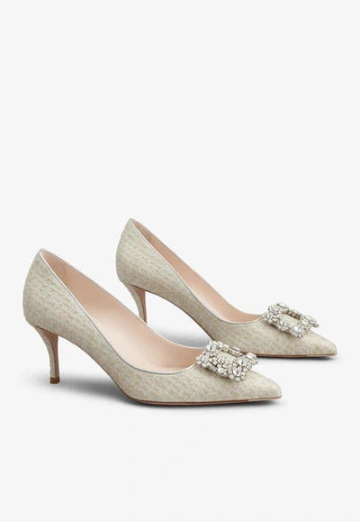 Roger Vivier 65 Flower Strass Buckle Pumps In Off-white