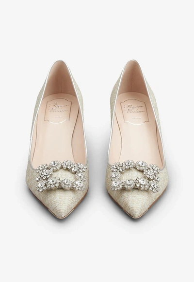 Roger Vivier 65 Flower Strass Buckle Pumps In Off-white